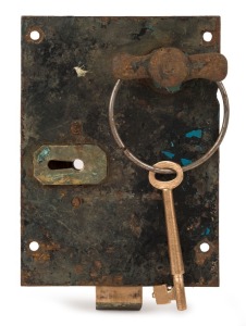 HM PRISON PENTRIDGE cell door lock and key, with c1852 patent date, 18cm high, 25cm wide