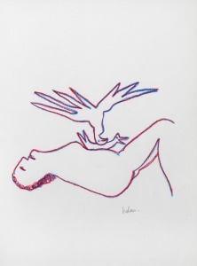 SIR SIDNEY ROBERT NOLAN (1917-1992), (two birds and a figure), red and blue crayon on paper, signed lower right "Nolan", 31 x 24cm, 65 x 55cm overall. Provenance: The Collection of John Hull, thence by descent. Private Collection Melbourne.