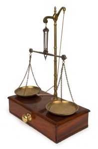 Antique gold scales with mahogany single drawer base and assorted weights, 19th century, ​​​​​​​49cm high