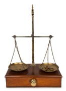 Antique gold scales with mahogany single drawer base and assorted weights, 19th century, ​​​​​​​49cm high - 2