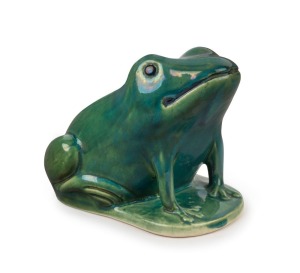 BENDIGO POTTERY "Waverley Ware" green glazed pottery frog with unusual factory glaze blemish to the back, 15cm high, 18cm long