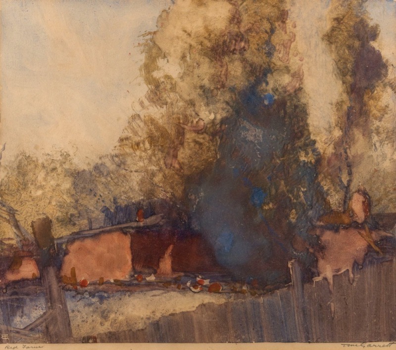 THOMAS BALFOUR GARRETT (1879 - 1952) Red Farm, Monotype, initialled lower left in image, signed and titled in pencil in the lower margin, 30 x 38cm.