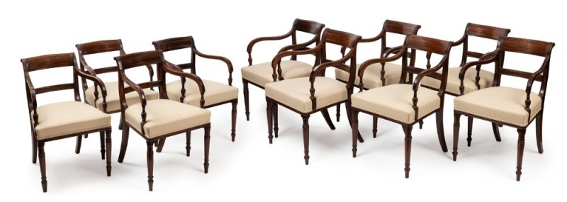 George III set of ten fine mahogany elbow chairs, circa 1810, 82cm high, 50cm across the arms