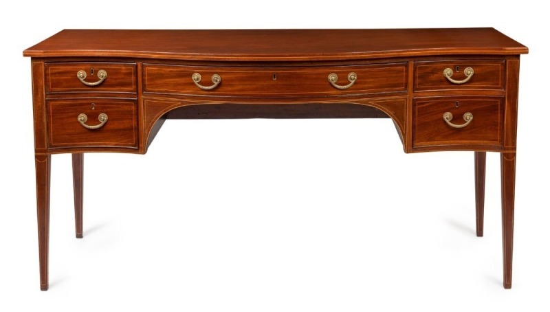 A George III Hepplewhite mahogany sideboard with string inlay and cross banding, finely crafted serpentine front with square form tapering legs, double fronted cellarette drawer to the left hand side, original brass drop handles with attractive reed decor