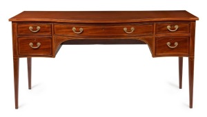 A George III Hepplewhite mahogany sideboard with string inlay and cross banding, finely crafted serpentine front with square form tapering legs, double fronted cellarette drawer to the left hand side, original brass drop handles with attractive reed decoration, circular mounts and original brass escutcheons, circa 1785, 91.5cm high, 182cm wide, 70cm deep