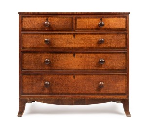 An antique English oak chest of five drawers with mahogany cross-banding, circa 1800, 99cm high, 107cm wide, 55cm deep