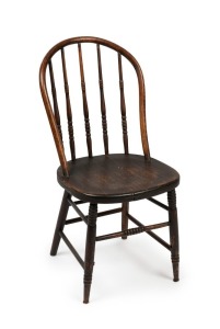 An antique English cottage chair, elm and beech with dark stained finish, 19th century, missing one front stretcher, 86cm high