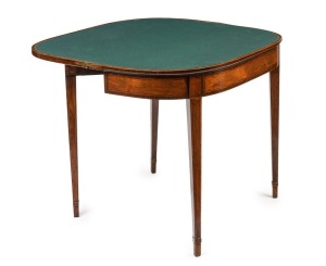 A George III English fold-over card table, fine London manufacture in kingwood and rosewood, cross-banded border with rounded corners and parquetry inlay, square form tapered legs, circa 1790. An attractive example with good colour and fine proportions. 7