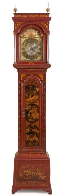 George II fine and rare scarlet lacquered long case clock with chinoiserie decoration, by William Monk of London, circa 1740.