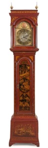 George II fine and rare scarlet lacquered long case clock with chinoiserie decoration, by William Monk of London, circa 1740.