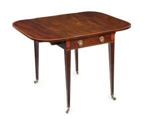 An antique English Hepplewhite Pembroke table, mahogany with cross-banded decoration, parquetry inlay and original brass handles, square form tapering legs terminating with original brass castors, late 18th century, 67cm high, 49cm (extends to 95cm) wide, 77cm deep