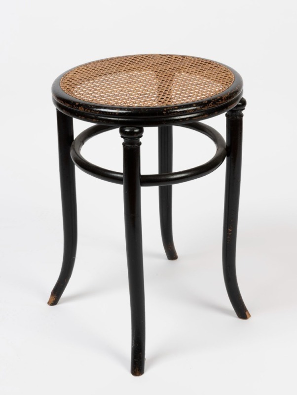 THONET Bohemian bentwood stool with ebonised finish, 19th century, remains of paper label (illegible), 58cm high, 41cm diameter