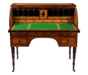 A stunning antique English cylinder roll-top desk, superbly crafted in satinwood with rosewood cross-banding and parquetry decoration, interior fitted with secretaire and compartments, turned and tapered simulated rosewood legs terminating in original bra - 3