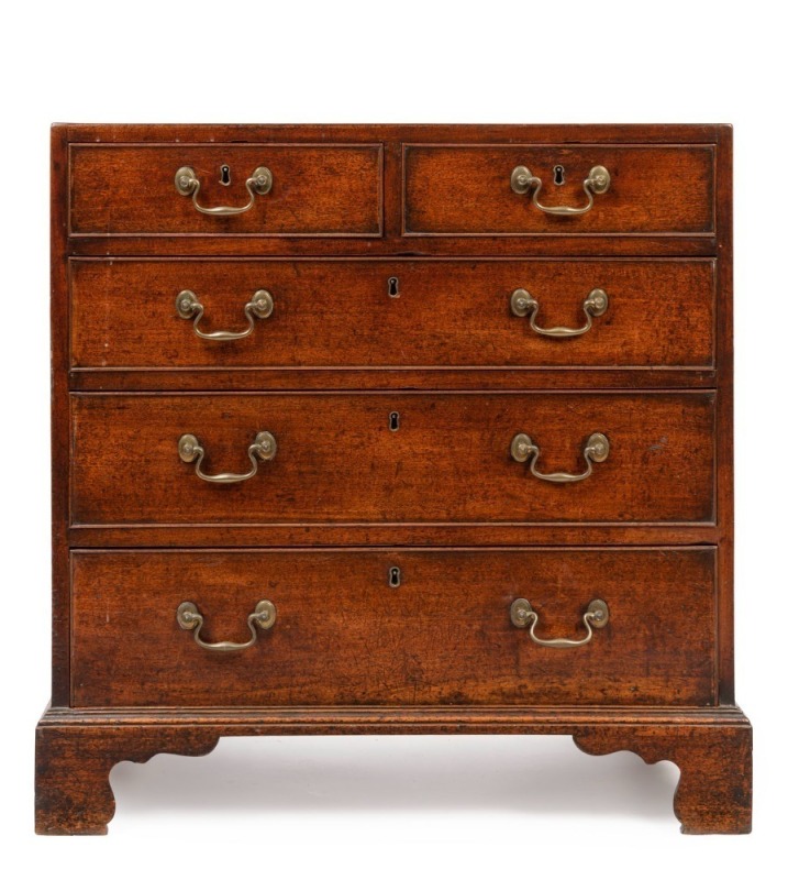 A Georgian mahogany dwarf five drawer bedroom chest with cock-beaded decoration and original brass escutcheons, circa 1770, 77cm high, 77cm wide, 45cm deep