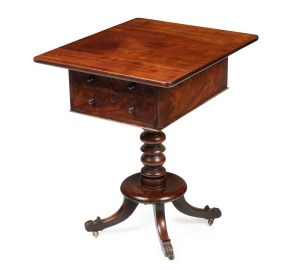 A Georgian mahogany drop-side work table, finely turned column with circular platform base resting on four out-swept carved legs and original brass castors, two drawers (one with fitted compartment) with original turned knobs and brass escutcheons, circa 