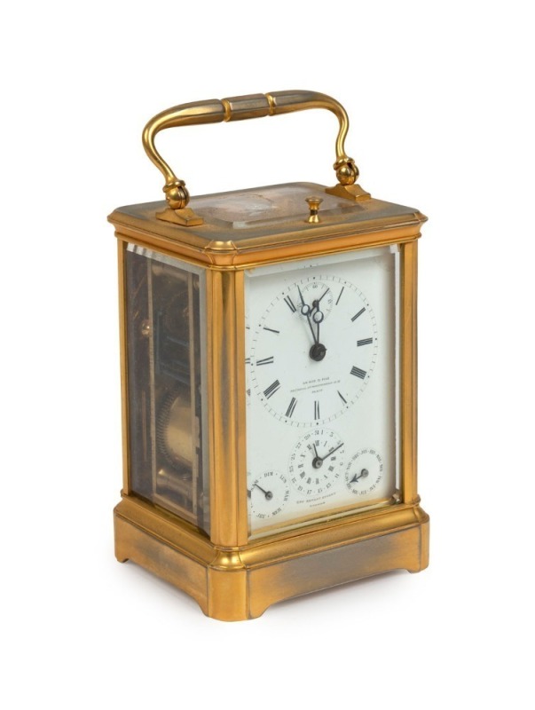 Very fine quality French Corniche carriage clock manufactured for Le Roy & Fils, Paris. White enamel dial with black Roman numerals to the chapter ring. Full calendar subsidiary dials including day, date, month and alarm with seconds. Push repeat with Gra