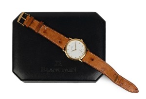 BLANCPAIN gent's automatic wristwatch in gold case with skeleton back, white dial with roman numerals and subsidiary dial, in original box, 3.5cm wide including crown