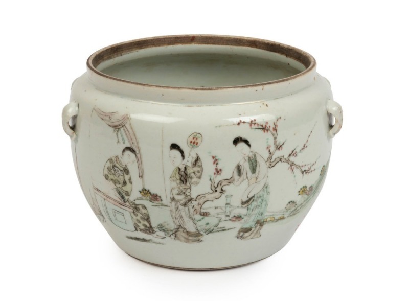 A Chinese porcelain famille verte water bowl adorned with female figures in landscape and poem, circa 1880s, Guangxu red seal mark to base, 14cm high, 20cm wide