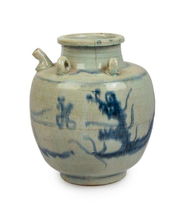 An antique Chinese ceramic water pot with underglaze blue dragon decoration, Kangxi Period, circa 1700, 23cm high, 19cm wide