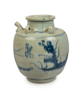 An antique Chinese ceramic water pot with underglaze blue dragon decoration, Kangxi Period, circa 1700, 23cm high, 19cm wide