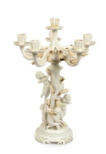 MOORE BROTHERS stunning antique English porcelain six branch figural candelabra adorned with cherubs and cactus flowers, 19th century, 57cm high, 38cm wide