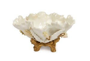 MOORE BROTHERS antique English porcelain bon bon dish with applied cactus flower decoration and gilded base, 19th century, pink factory mark to base, 6cm high, 17cm wide