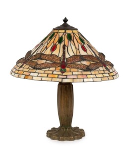 TIFFANY style cast patinated bronze table lamp with dragon fly leadlight shade, early 20th century, 58cm high