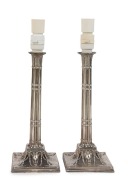 A pair of sterling silver candlesticks converted to electric table lamps with shades, 19th and 20th century, 60cm high overall - 2