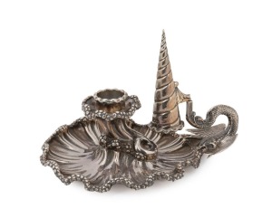 An antique English sterling silver chamber stick and snuff in the Rococo style with wavy beaded border and scrolling winged serpent handle. Made by Charles Edington of London, circa 1837, 12cm high, 17cm wide, 366 grams