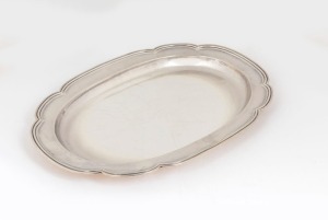 An antique German 800 silver oval serving tray with lobed ends and double reeded border, 19th century, crown and crescent mark with maker's stamp (illegible), ​​​​​​​54cm wide, 1956 grams