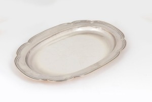 An antique German 800 silver oval serving tray with lobed ends and double reeded border, 19th century, crown and crescent mark with maker's stamp (illegible), 54cm wide, 1956 grams