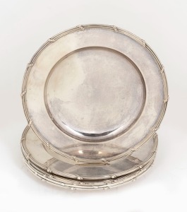 Set of six Austrian Continental 800 silver dinner plates, each with reed and ribbon border in the French Empire style with deep dished centres. By J.C.K. Linkosh of Vienna, circa 1856, 26cm diameter, 3078 grams total