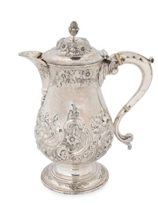 A George III English sterling silver baluster shaped coffee pot with raised sparrow beak spout, acanthus scrolling serpentine handle and repousse floral work decoration. Made by Henry Screen of London, circa 1762, 24cm high, 880 grams 