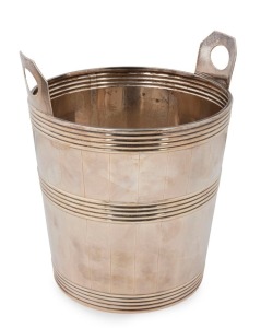 William IV antique English sterling silver ice pail of simulated coopered form with three horizontal bands of reeded decoration and loop handles. Made by Battie, Howard & Hawksworth of Sheffield, circa 1831, 21.5cm high, 19cm wide, 868 grams