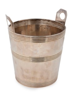 William IV antique English sterling silver ice pail of simulated coopered form with three horizontal bands of reeded decoration and loop handles. Made by Battie, Howard & Hawksworth of Sheffield, circa 1831, 21.5cm high, 19cm wide, 868 grams