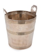 William IV antique English sterling silver ice pail of simulated coopered form with three horizontal bands of reeded decoration and loop handles. Made by&nbsp;Battie, Howard &&nbsp;Hawksworth&nbsp;of Sheffield, circa 1831, 21.5cm high, 19cm wide, 868 grams