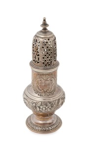 George II English sterling silver sugar castor with circular raised foot base and writhen gadrooning inset from the edge and rococo embossing to the body . Original top finely pierced with alternate panels of fleur-de-lys scrolls and lattice engraving. Turned urn shaped finial to the top. Made by Samuel Wood of London, circa 1752, rare and early. 16.5cm high, 190 grams