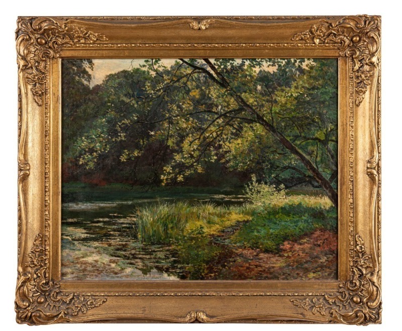 JULIAN ROSSI ASHTON (1851 - 1942), Sunshine and Shadows, oil on canvas, signed J.R. Ashton and dated 1878 lower right, 40.5 x 51cm. Remnants of exhibition label verso; in original John Thallon frame. Provenance: Leonard Joel, Australian, New Zealand, En