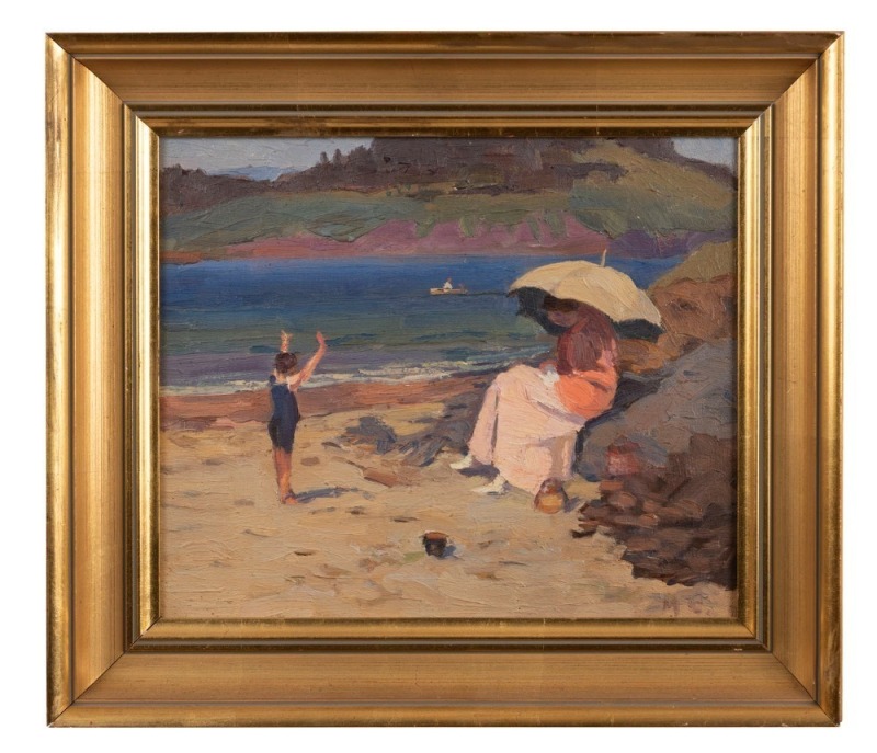 ARTIST UNKNOWN (Australian Impressionist School), (Mother and Child on the Shore), oil on canvas, circa 1890s, signed with initials lower right "M.C.", 25.5 x 30.5cm.