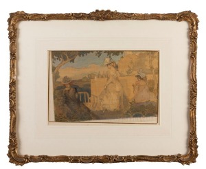 CHARLES EDWARD CONDER (1868 - 1909) Untitled (Three Ladies in a Garden Overlooking a Mediterranean Coastline), watercolour on silk, circa 1900, signed 'Conder' at lower left, 24 x 35.5cm.