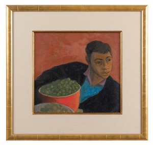 BRIAN JAMES DUNLOP (1938 - 2009) Man with Orange Bowl, oil on artists' board, 1980s, titled verso on Australian Galleries label; additional AG inventory label, 24.5 x 27cm.