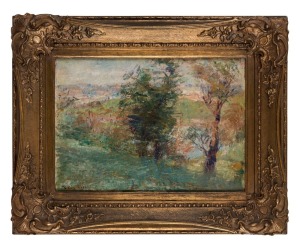 FREDERICK McCUBBIN (1855 - 1917), Towards Richmond, from Kensington Road, South Yarra, oil on canvas laid down on composition board, signed lower left, 25 x 35cm. Provenance: Leonard Joel, Australian, New Zealand, English & European Drawings & Paintings, Melbourne, 24/05/1973, Lot No. 25.