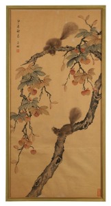 CHINESE SCHOOL, (Squirrels in a Mulberry Tree), inks and watercolours on silk, seal at upper left and lower right, 100 x 49cm.