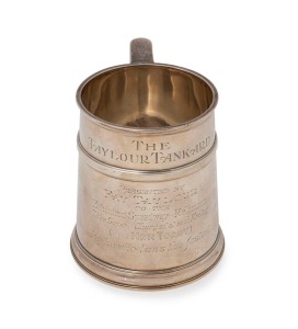  A vintage English sterling silver ale mug in the Georgian style  with circular raised base, reeded decoration and narrow raised band to upper body. Made by Roberts & Belk Sheffield, circa 1928. Inscribed "The Taylour Tankard Presented By Fay Taylour To T