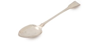 George III English sterling silver "Fiddle & Thread" pattern basting spoon, by Richard Cooke of London, circa 1804, 30cm long, 126 grams.