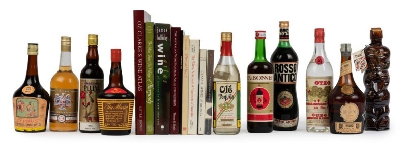 Several bottles of liqueur, spirits, etc., including Le Comte Napoleon French Brandy Liqueur, Cyprus Commandaria Dessert wine, DOM Benedictine Liqueur and Suntory Akadama Plum wine, Ole Tequila, Barbaresso Ouzo, Ti-toki Liqueur, Tia Maria, etc; all appear