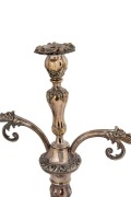  A fine pair of Sheffield plate three branch candelabra with Rococo repoussé decoration on circular bases terminating in stylized shell feet. London, circa 1860. 55cm high - 4