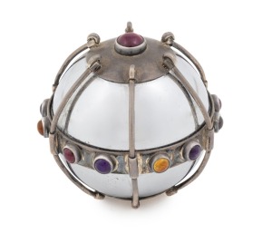 An antique silver ball ornament set with coloured stones. early 20th century, stamped "FK" and "925", 5.5cm.