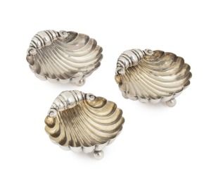  Three antique English sterling silver table salts in the form of shells; each raised on three ball feet. Various makers including William Henry Leather of Birmingham, late 19th century