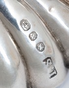  Three antique English sterling silver table salts in the form of shells; each raised on three ball feet. Various makers including William Henry Leather of Birmingham, late 19th century - 2